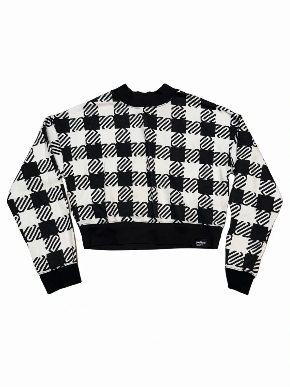 Justice Sport girls XL 16/18 black white checkered cropped sweatshirt pullover